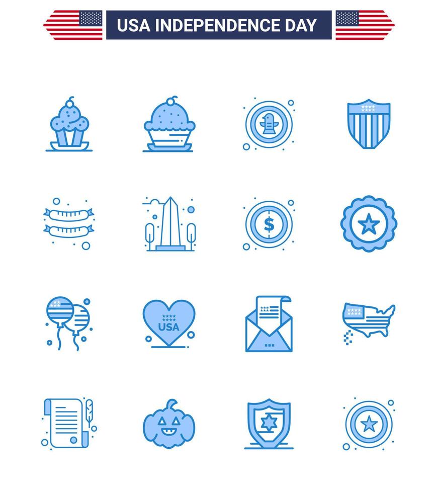 Happy Independence Day 4th July Set of 16 Blues American Pictograph of landmark frankfurter eagle food seurity Editable USA Day Vector Design Elements