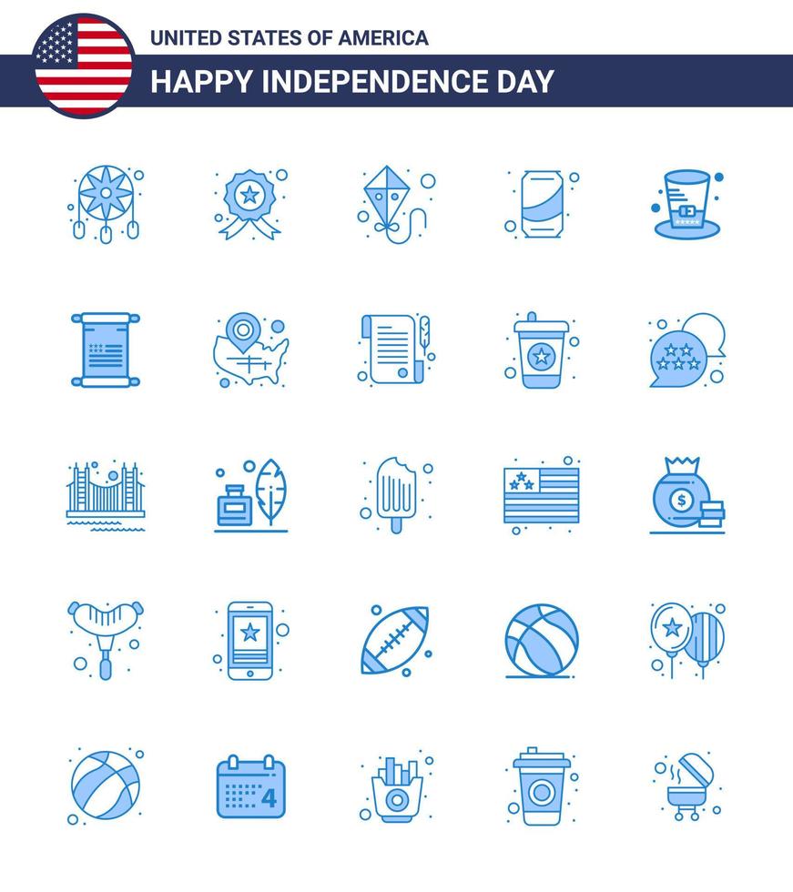 USA Independence Day Blue Set of 25 USA Pictograms of presidents day kite cola can Editable USA Day Vector Design Elements