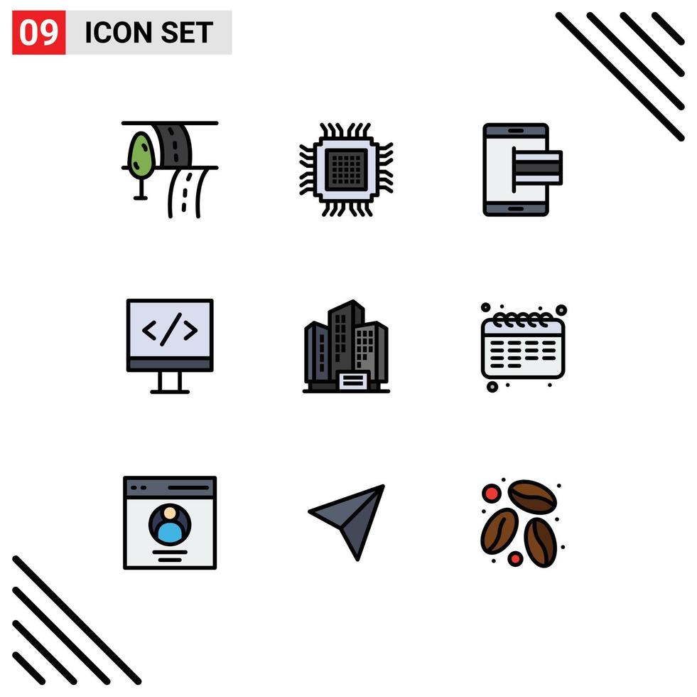 Pack of 9 Modern Filledline Flat Colors Signs and Symbols for Web Print Media such as apartment development commerce monitor pay Editable Vector Design Elements