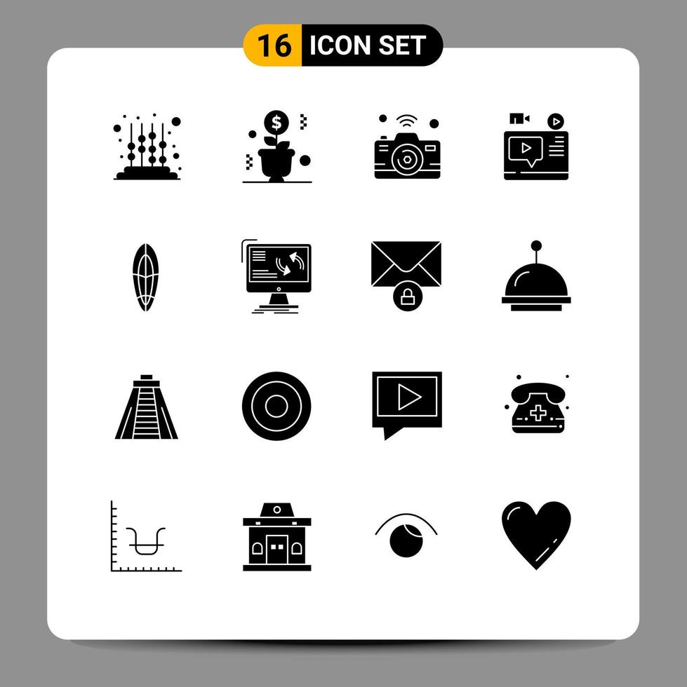 Solid Glyph Pack of 16 Universal Symbols of youtube record success video internet of things Editable Vector Design Elements