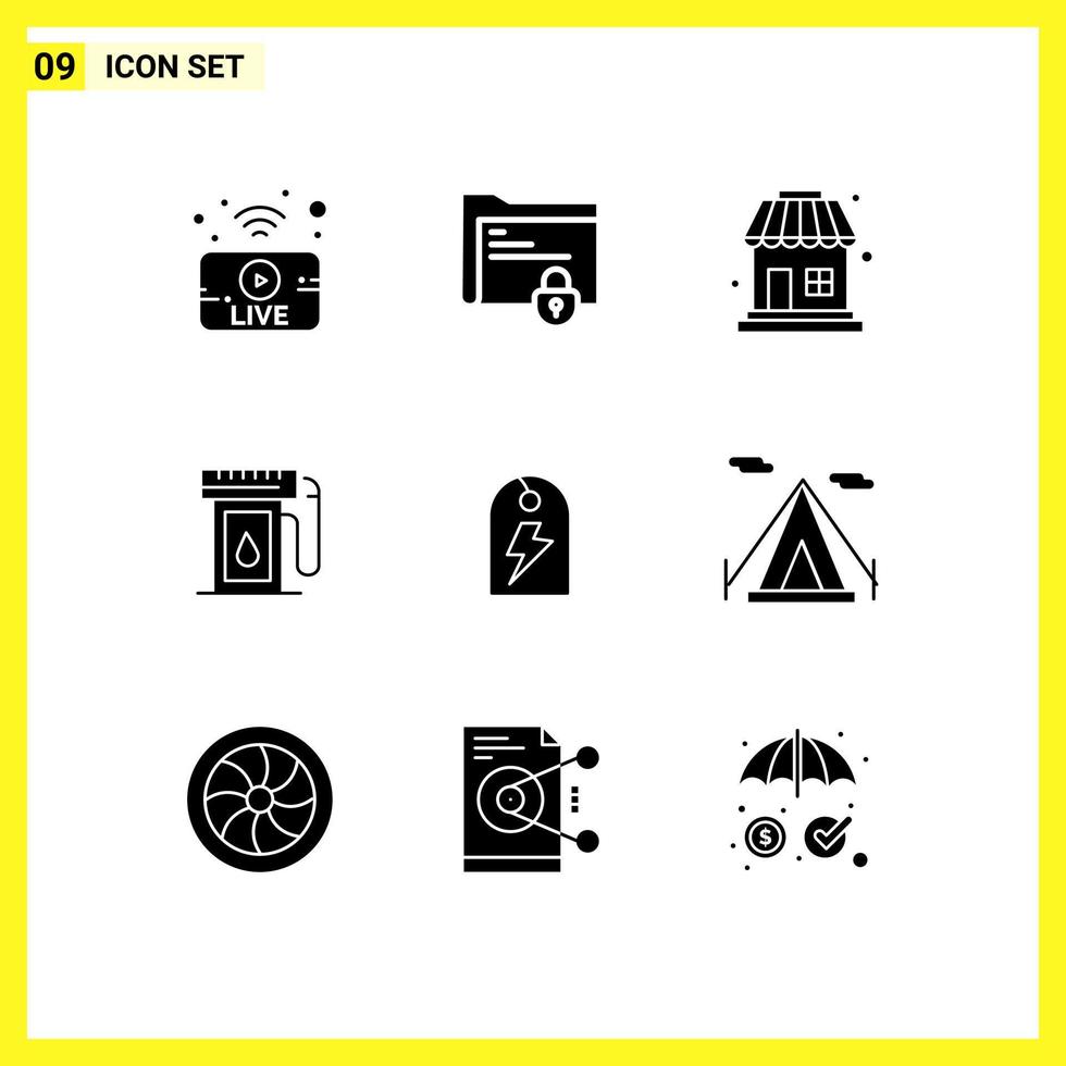 Mobile Interface Solid Glyph Set of 9 Pictograms of sign drop safe folder oil gasoline Editable Vector Design Elements