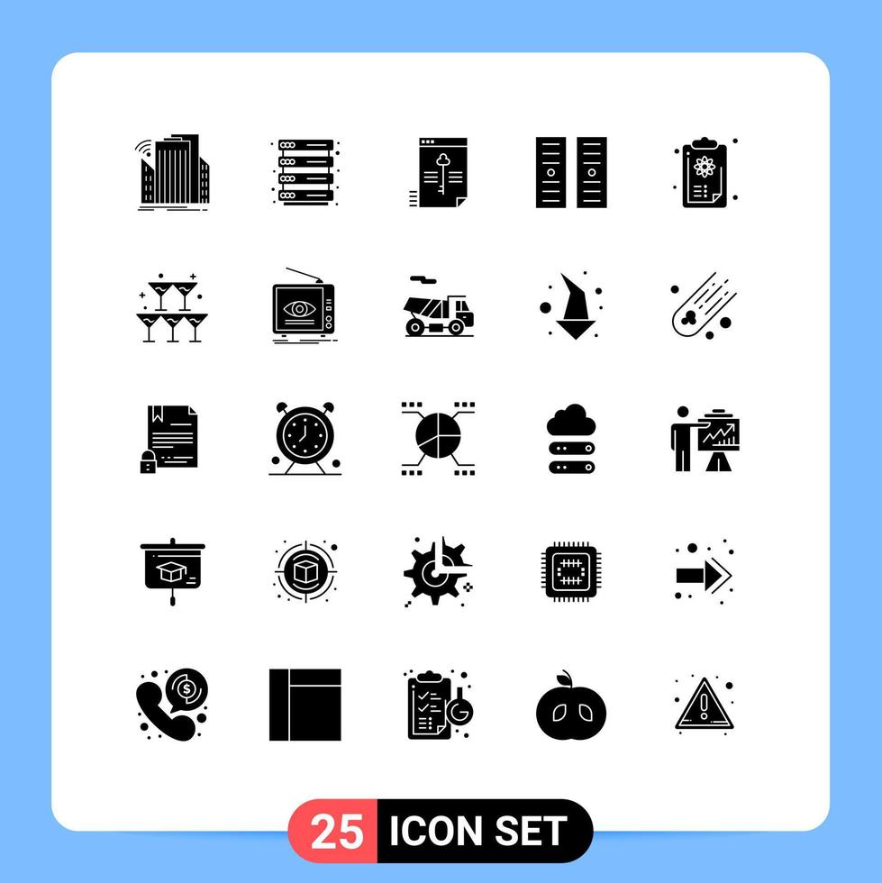 Pack of 25 Modern Solid Glyphs Signs and Symbols for Web Print Media such as education server file hosting data Editable Vector Design Elements