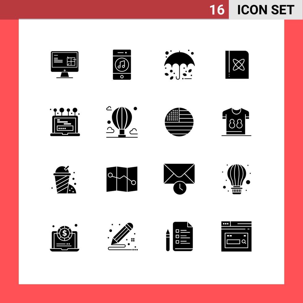 Modern Set of 16 Solid Glyphs Pictograph of science formula player book rain Editable Vector Design Elements