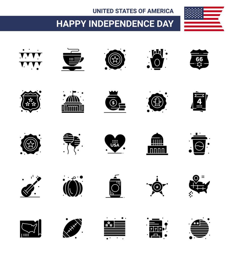 Solid Glyph Pack of 25 USA Independence Day Symbols of american usa usa shield food Editable USA Day Vector Design Elements