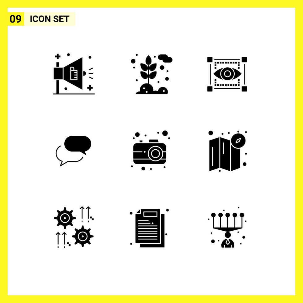 Editable Vector Line Pack of 9 Simple Solid Glyphs of user camera view mail chat Editable Vector Design Elements