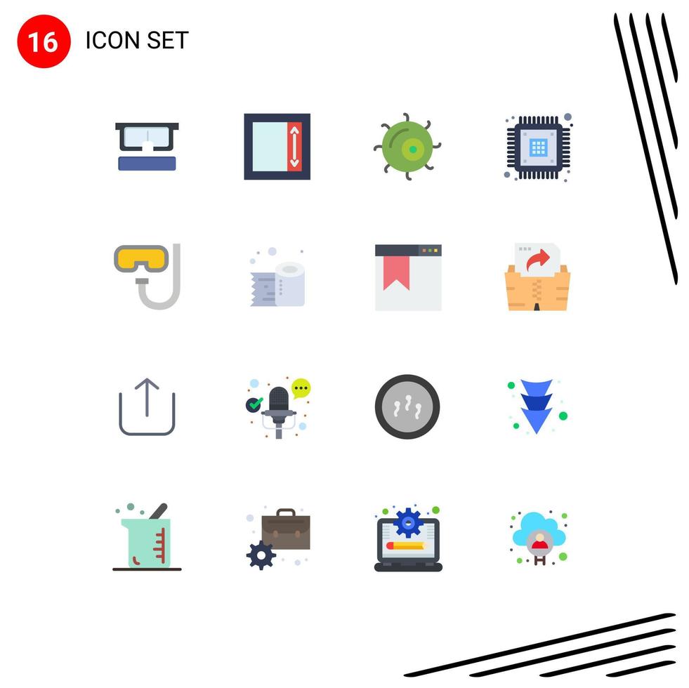 Modern Set of 16 Flat Colors Pictograph of snorkeling beach microscope hardware device Editable Pack of Creative Vector Design Elements