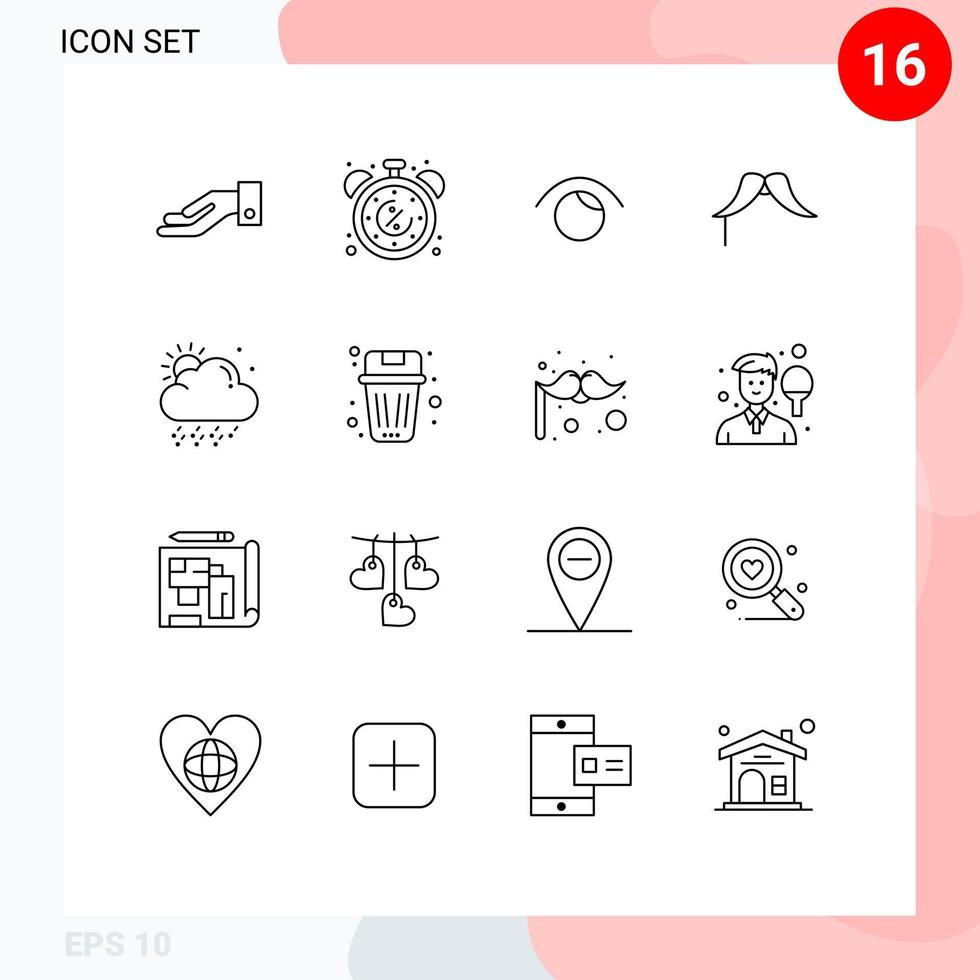 Mobile Interface Outline Set of 16 Pictograms of cloud male eye movember moustache Editable Vector Design Elements