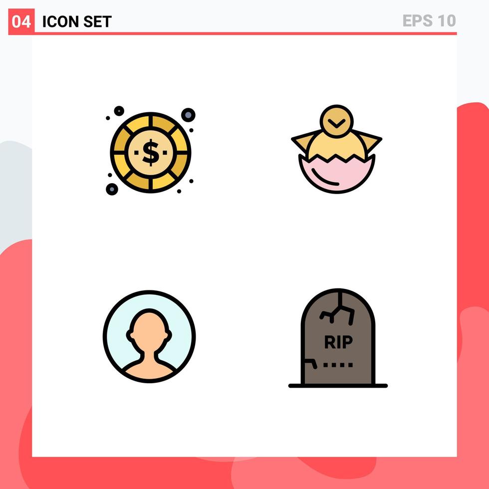 Pack of 4 Modern Filledline Flat Colors Signs and Symbols for Web Print Media such as coin happy money chicken user Editable Vector Design Elements