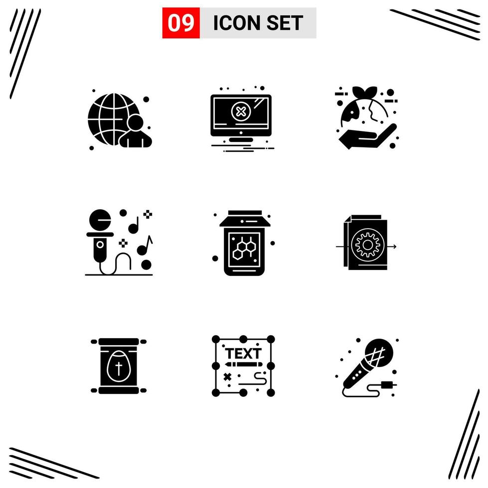 Mobile Interface Solid Glyph Set of 9 Pictograms of bee music plant microphone leaf Editable Vector Design Elements