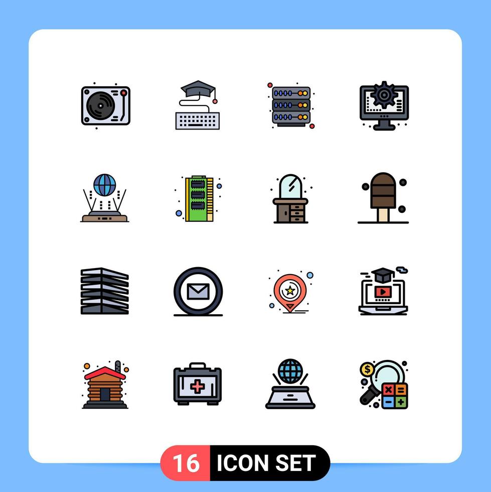 Flat Color Filled Line Pack of 16 Universal Symbols of router internet hosting setting interface Editable Creative Vector Design Elements