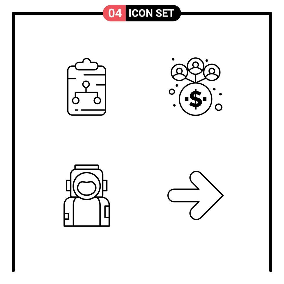 Set of 4 Modern UI Icons Symbols Signs for clipboard space document management helmet Editable Vector Design Elements