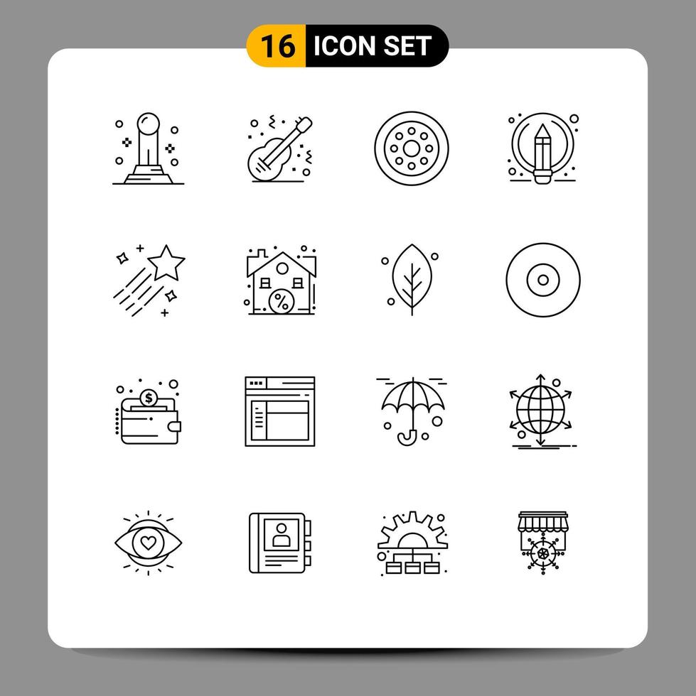 Outline Pack of 16 Universal Symbols of comet pencil accessories pen writing Editable Vector Design Elements