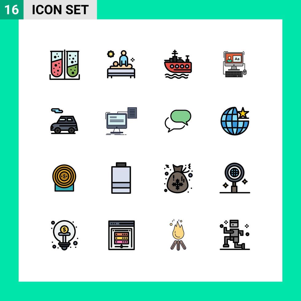 16 Universal Flat Color Filled Lines Set for Web and Mobile Applications car editing spa software computer Editable Creative Vector Design Elements