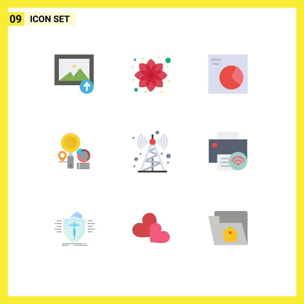 9 User Interface Flat Color Pack of modern Signs and Symbols of computers radio pie communication tower finder Editable Vector Design Elements