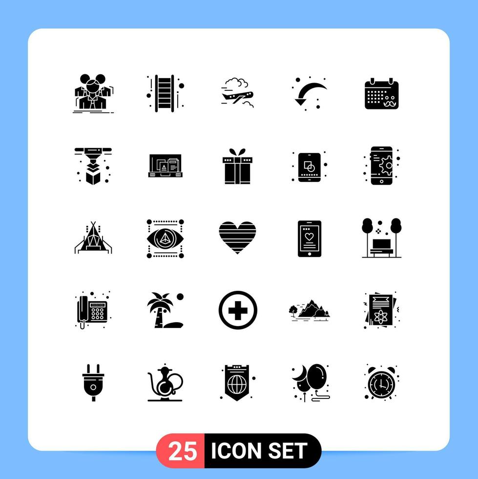Solid Glyph Pack of 25 Universal Symbols of calender right arrow success reload fly Editable Vector Design Elements