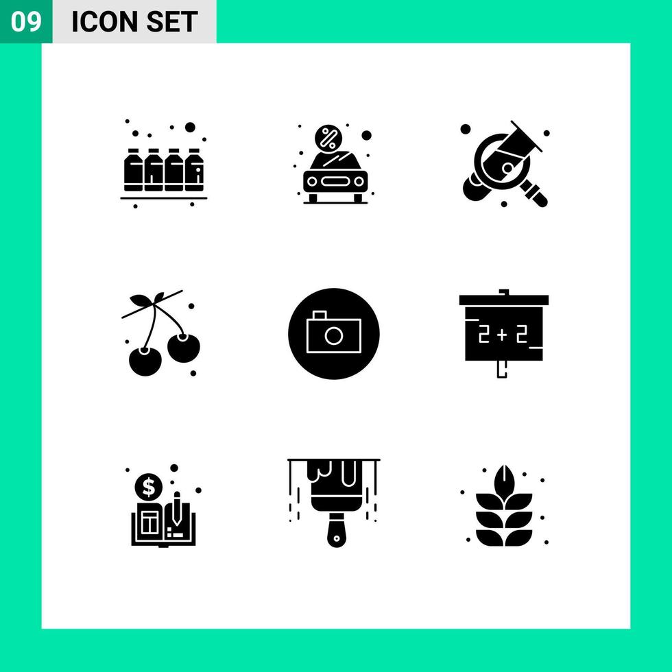 Modern Set of 9 Solid Glyphs and symbols such as spring cherry present berry magnifying Editable Vector Design Elements