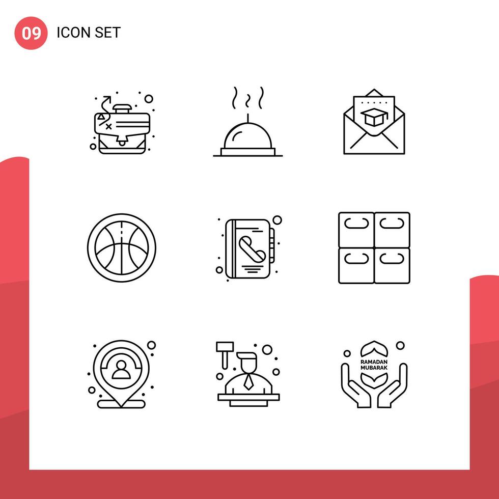 Pack of 9 creative Outlines of rolls contact education book sports Editable Vector Design Elements