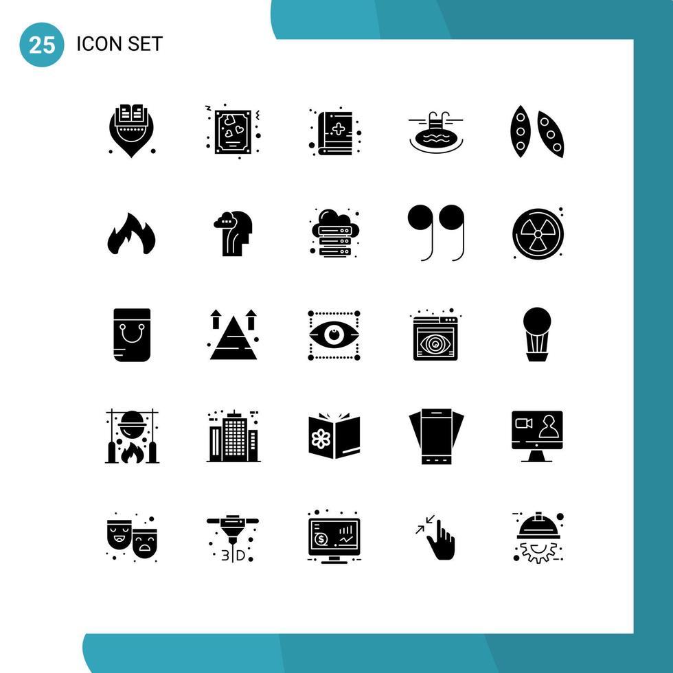 25 Thematic Vector Solid Glyphs and Editable Symbols of food bean book serves pool Editable Vector Design Elements
