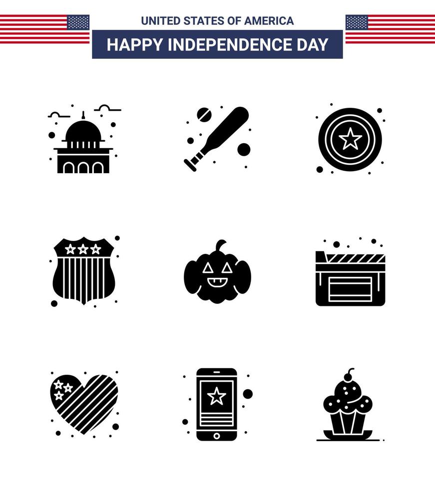 Modern Set of 9 Solid Glyphs and symbols on USA Independence Day such as cinema american police pumkin investigating Editable USA Day Vector Design Elements