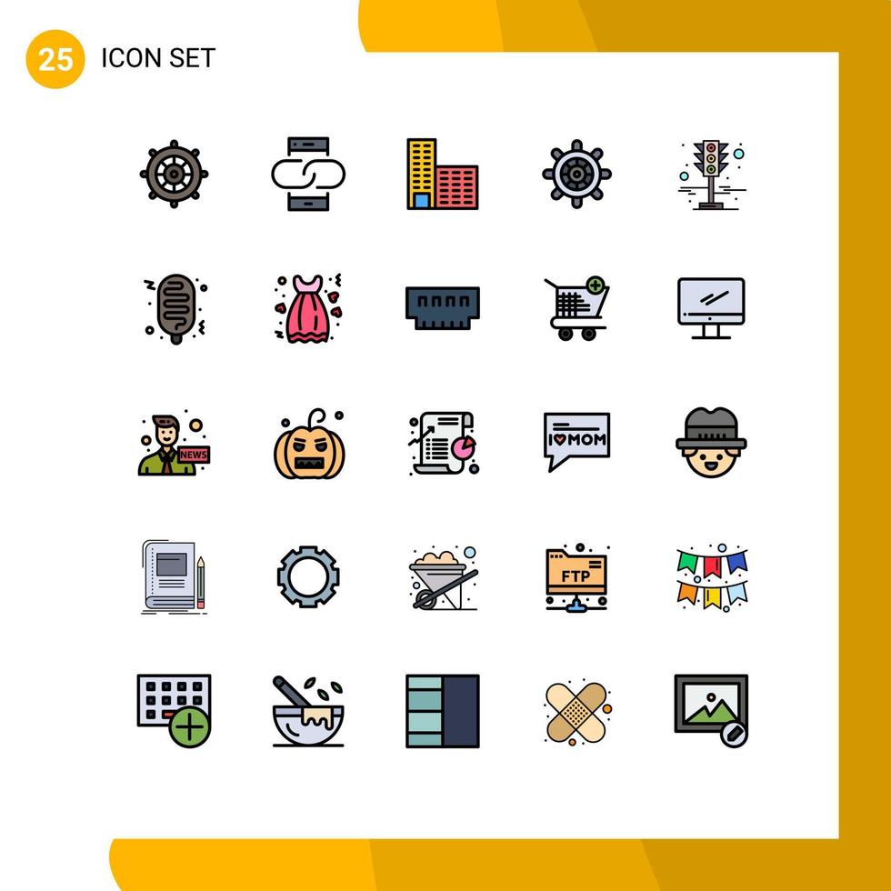 25 User Interface Filled line Flat Color Pack of modern Signs and Symbols of traffic lights signal mobile wheel boat Editable Vector Design Elements