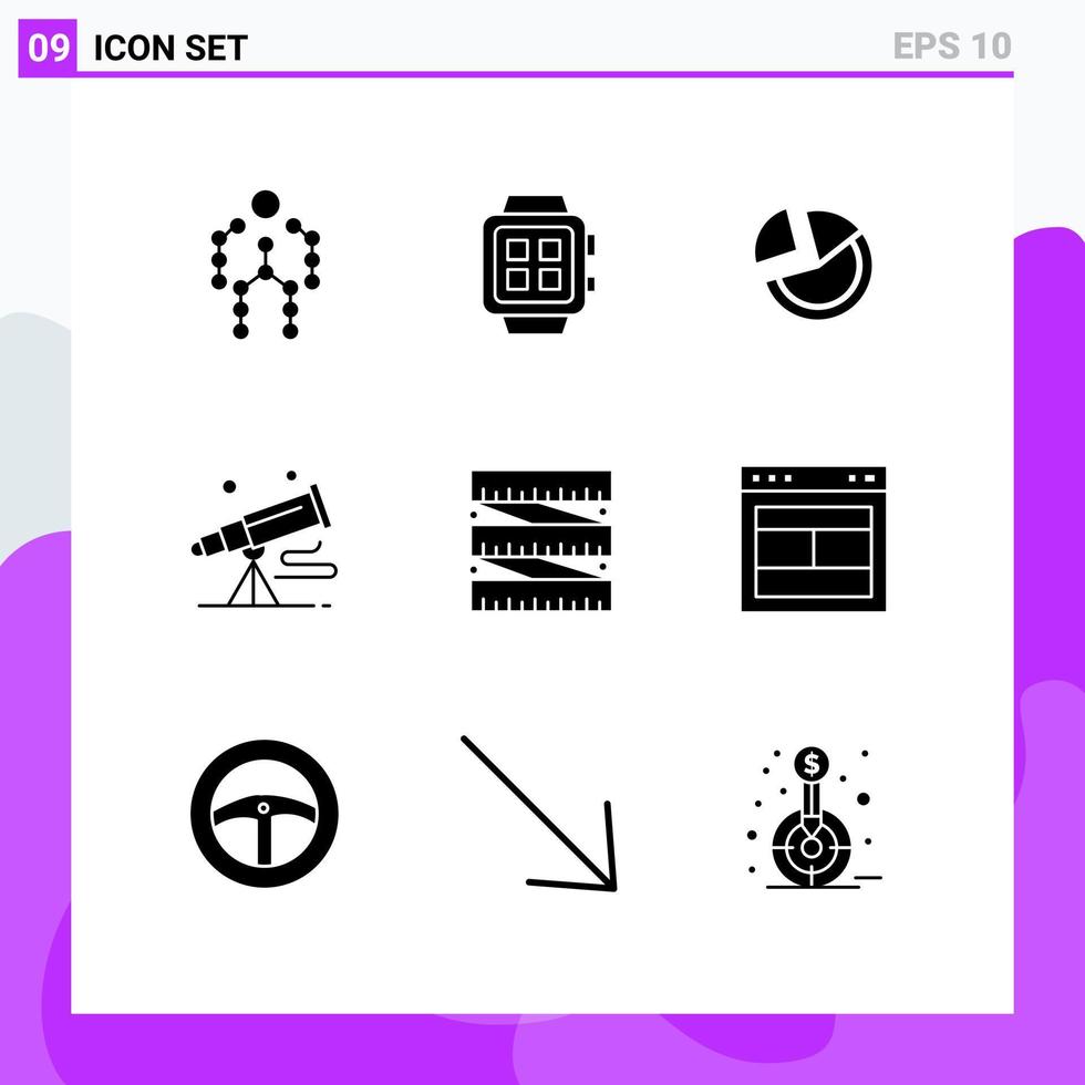 Group of 9 Modern Solid Glyphs Set for telescope binoculars technology pie diagram Editable Vector Design Elements