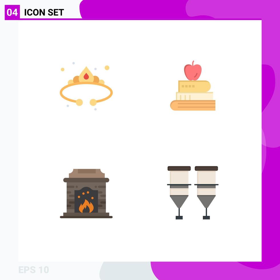 Editable Vector Line Pack of 4 Simple Flat Icons of crown chimney jewelry pen flame Editable Vector Design Elements