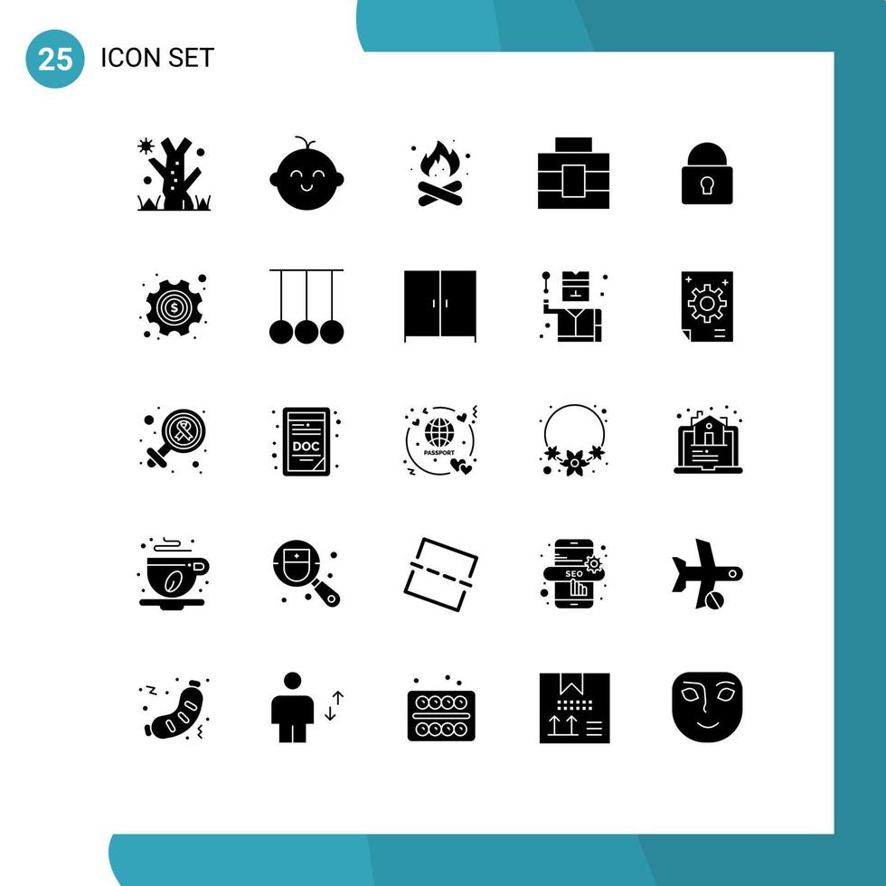 25 Universal Solid Glyphs Set for Web and Mobile Applications login security fire lock toolbox Editable Vector Design Elements