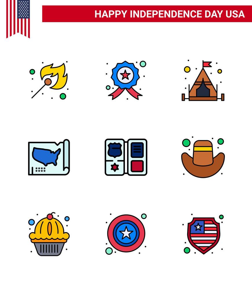 conjunto de líneas planas llenas del día de la independencia de ee.uu. de 9 pictogramas de ee.uu. del campamento de libros americano estados de ee.uu. elementos de diseño vectorial editables del día de ee.uu. vector