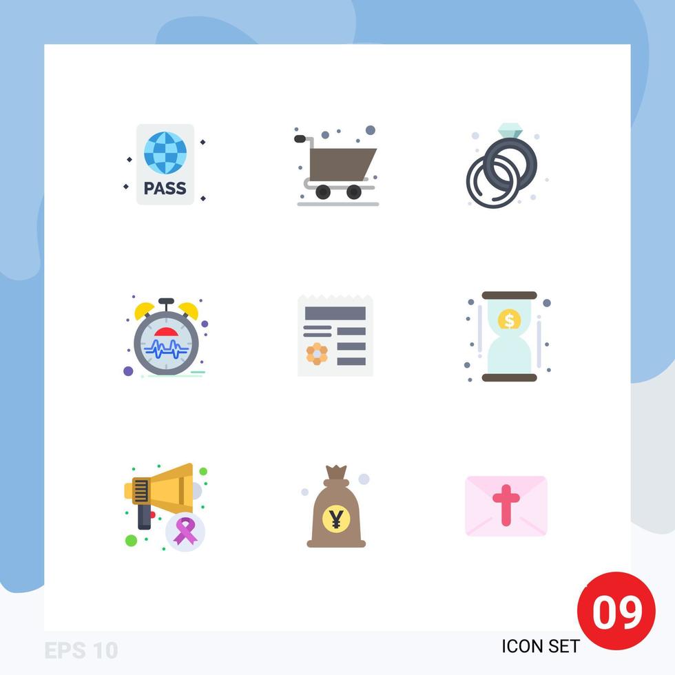 Mobile Interface Flat Color Set of 9 Pictograms of manu basic diamond time heart Editable Vector Design Elements