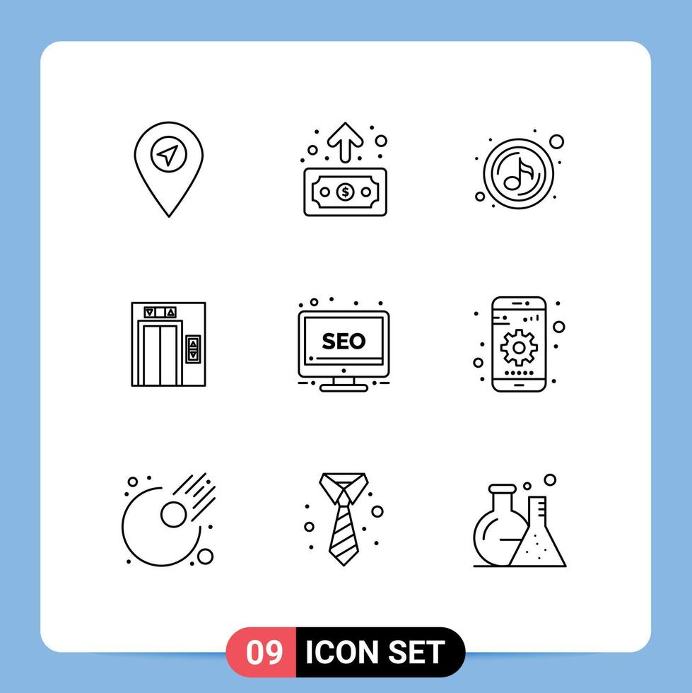Outline Pack of 9 Universal Symbols of monitor seo play desktop building Editable Vector Design Elements
