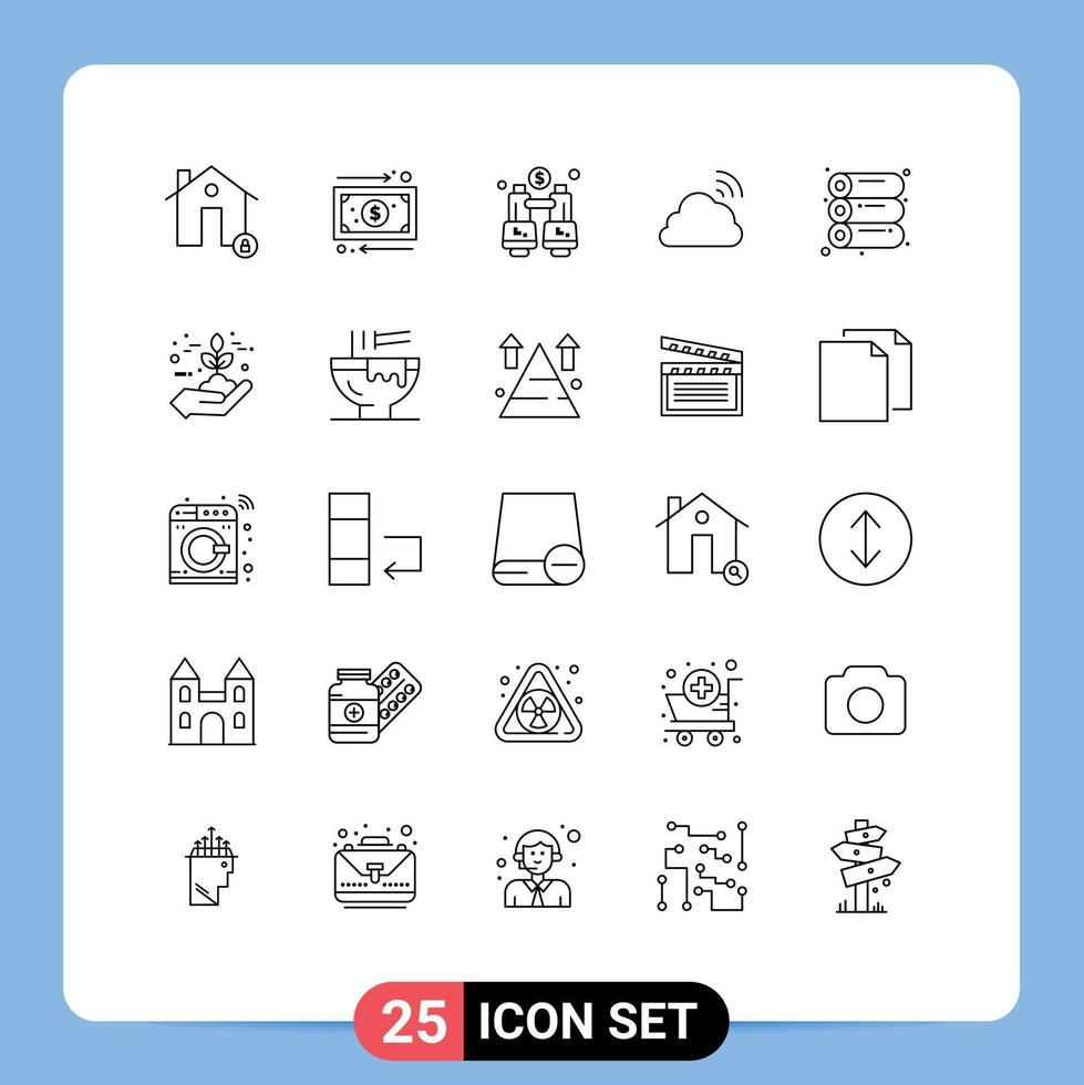 Pack of 25 Modern Lines Signs and Symbols for Web Print Media such as weather sky money rainbow locate Editable Vector Design Elements
