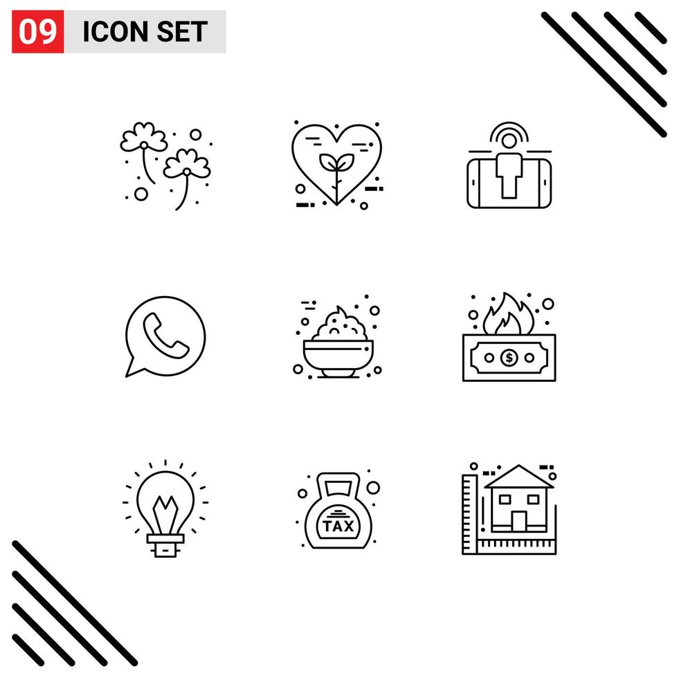 Pack of 9 Modern Outlines Signs and Symbols for Web Print Media such as bowl telephone nature chat marketing Editable Vector Design Elements
