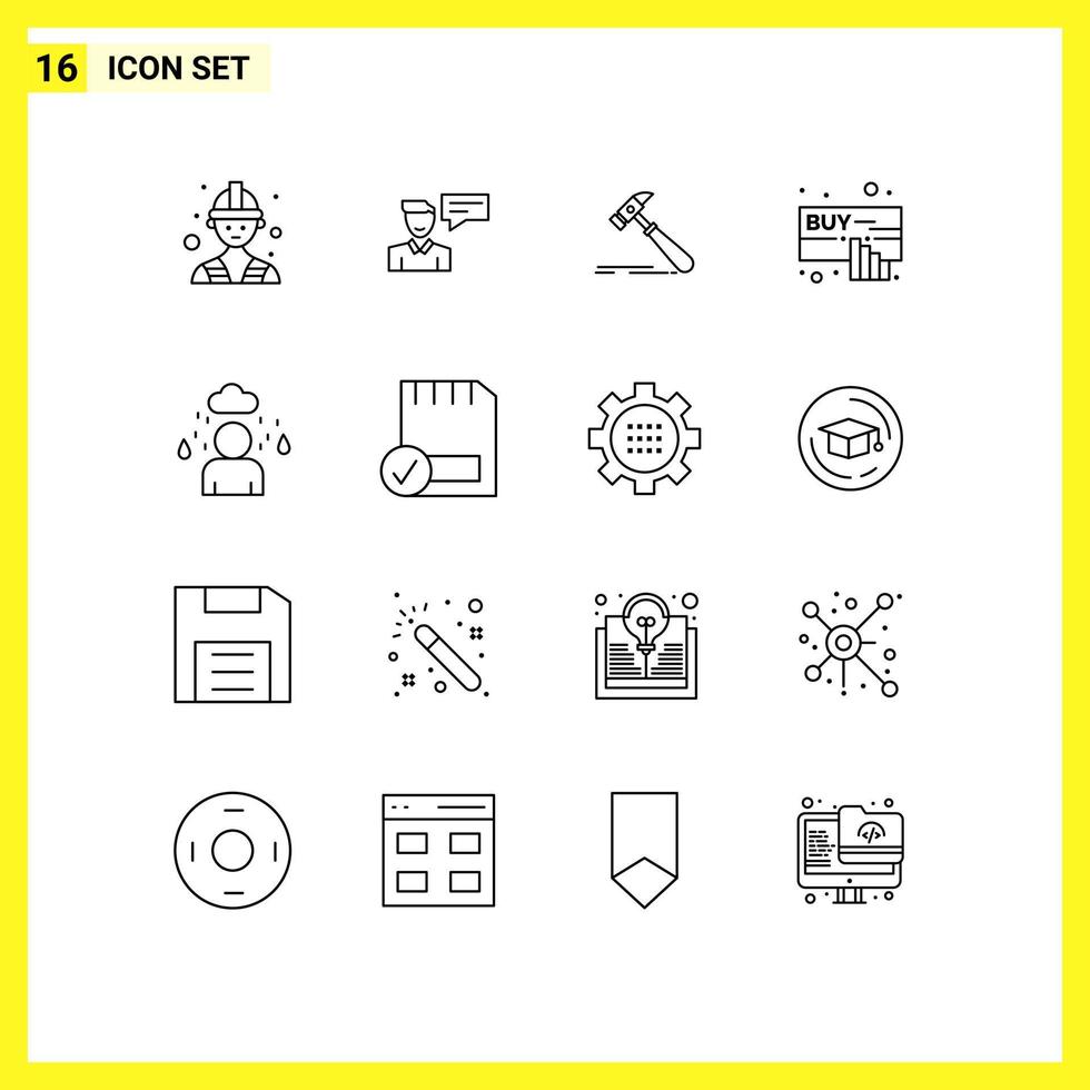 Group of 16 Modern Outlines Set for man hand hammer click carpenter Editable Vector Design Elements