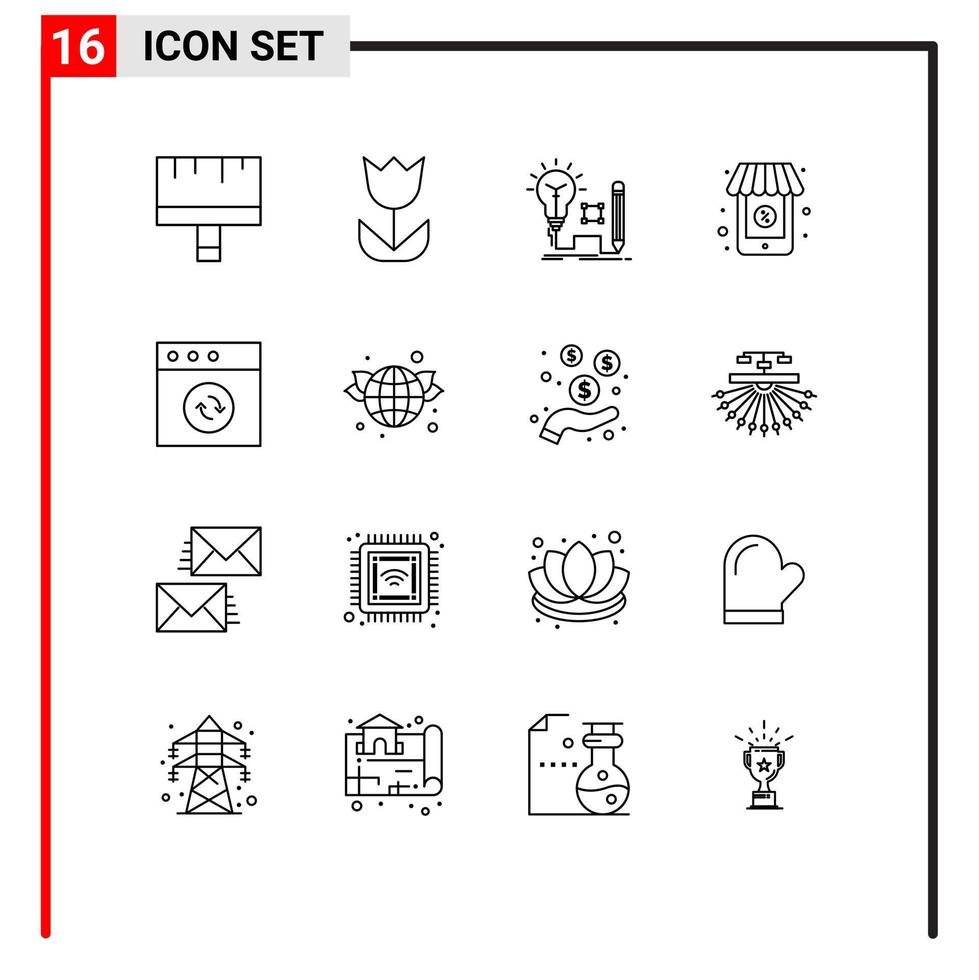 Group of 16 Outlines Signs and Symbols for mac supermarket idea shopping lightbulb Editable Vector Design Elements