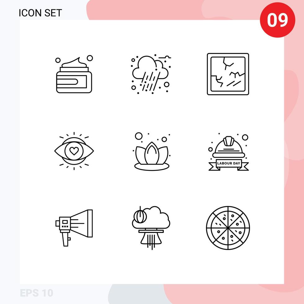Pictogram Set of 9 Simple Outlines of cap lotus halloween lily education Editable Vector Design Elements