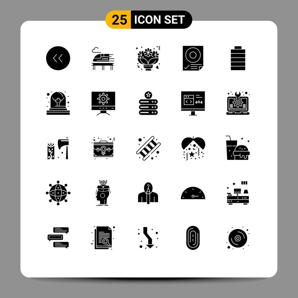 Modern Set of 25 Solid Glyphs and symbols such as battery page flower mark check Editable Vector Design Elements