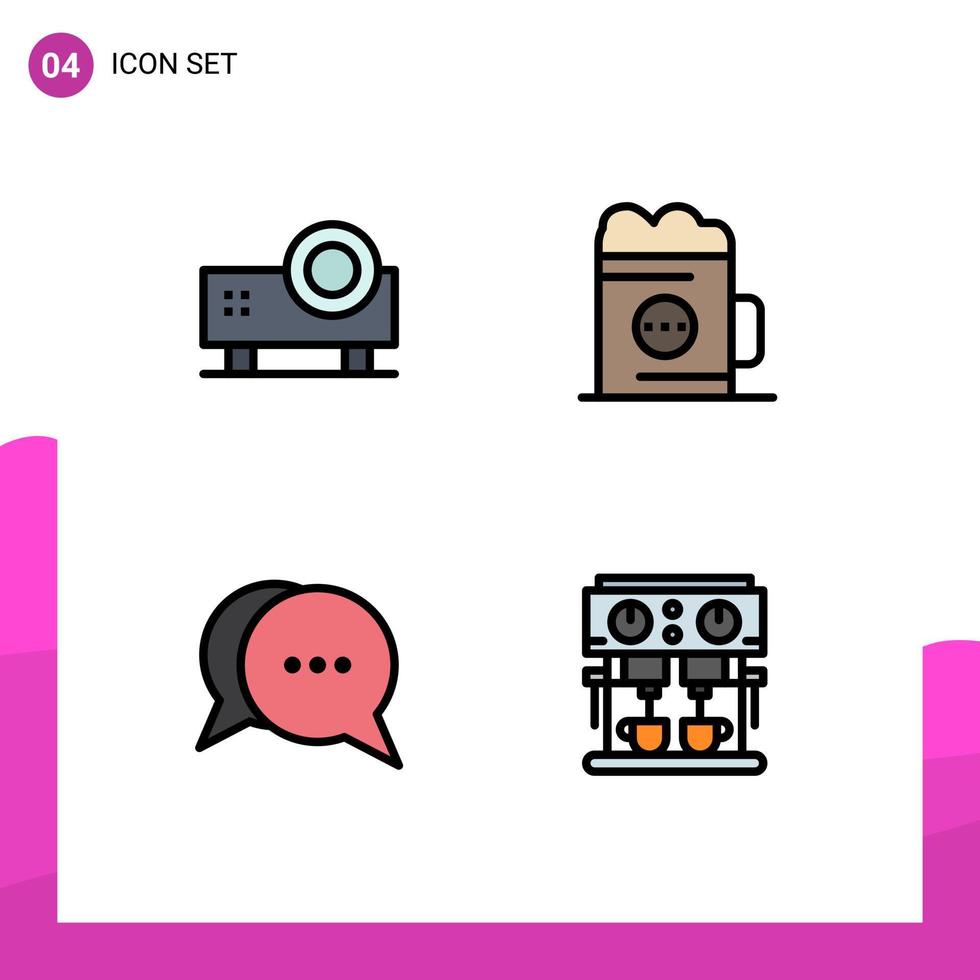 4 User Interface Filledline Flat Color Pack of modern Signs and Symbols of multimedia glass slide projector beer conversation Editable Vector Design Elements