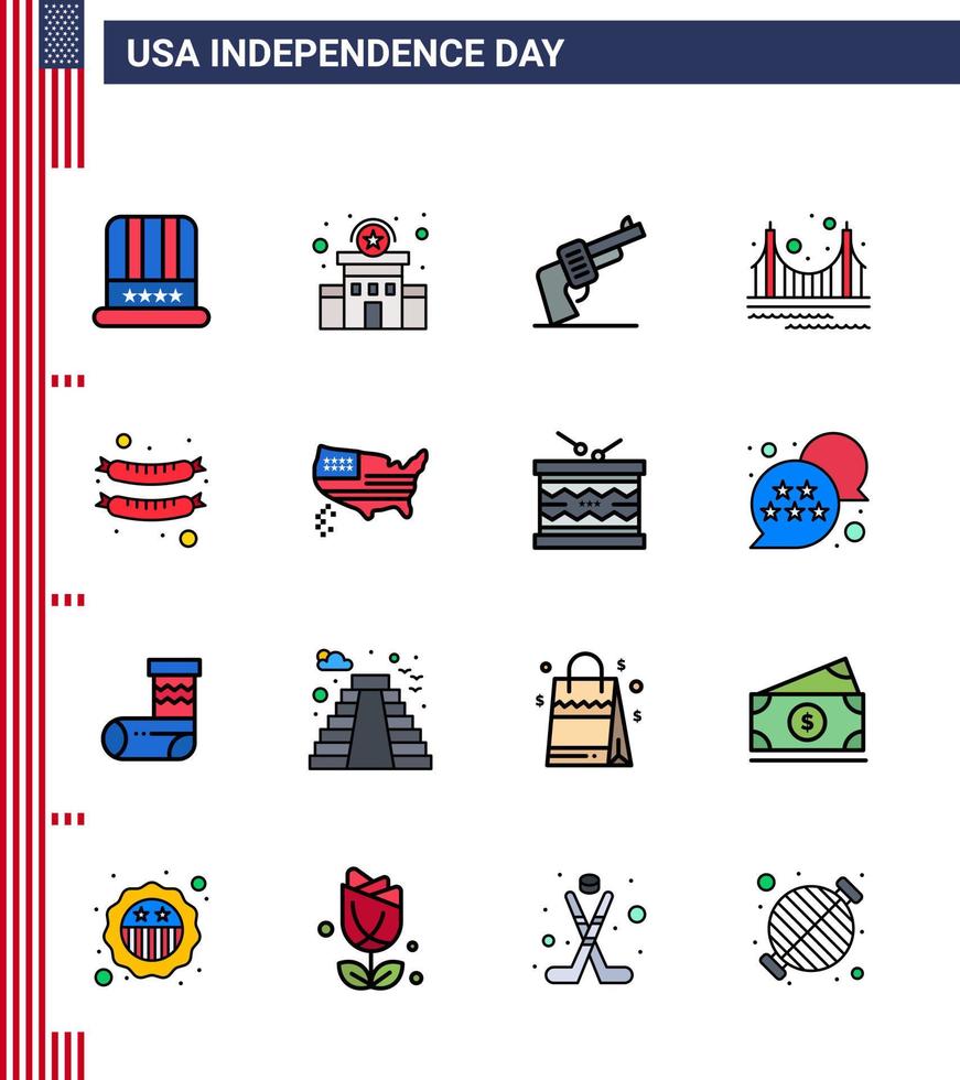 4th July USA Happy Independence Day Icon Symbols Group of 16 Modern Flat Filled Lines of food landmark gun golden bridge Editable USA Day Vector Design Elements