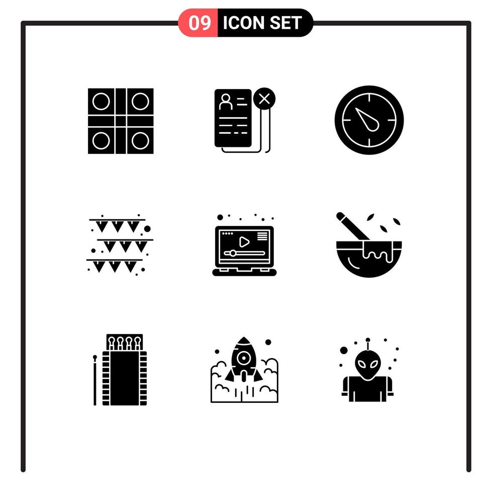 Editable Vector Line Pack of 9 Simple Solid Glyphs of player paper job garland timer Editable Vector Design Elements