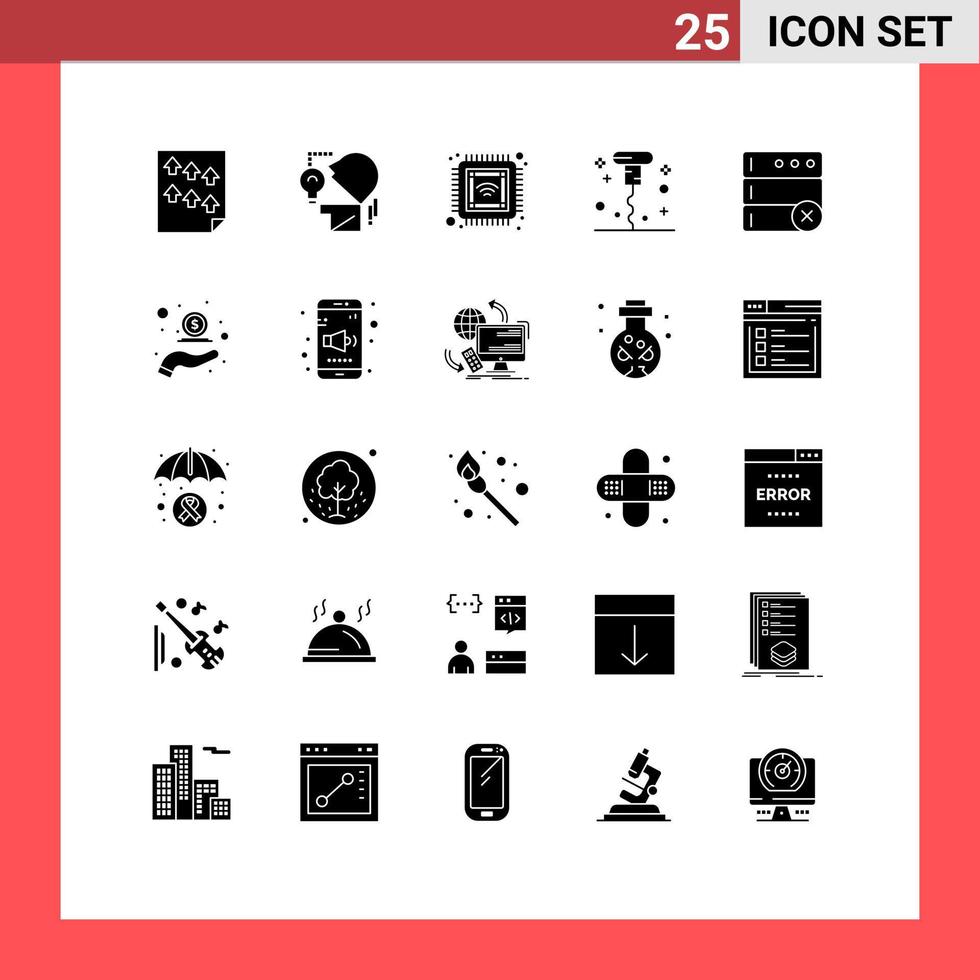 25 Universal Solid Glyph Signs Symbols of database miscellaneous bulb corkscrew smart Editable Vector Design Elements