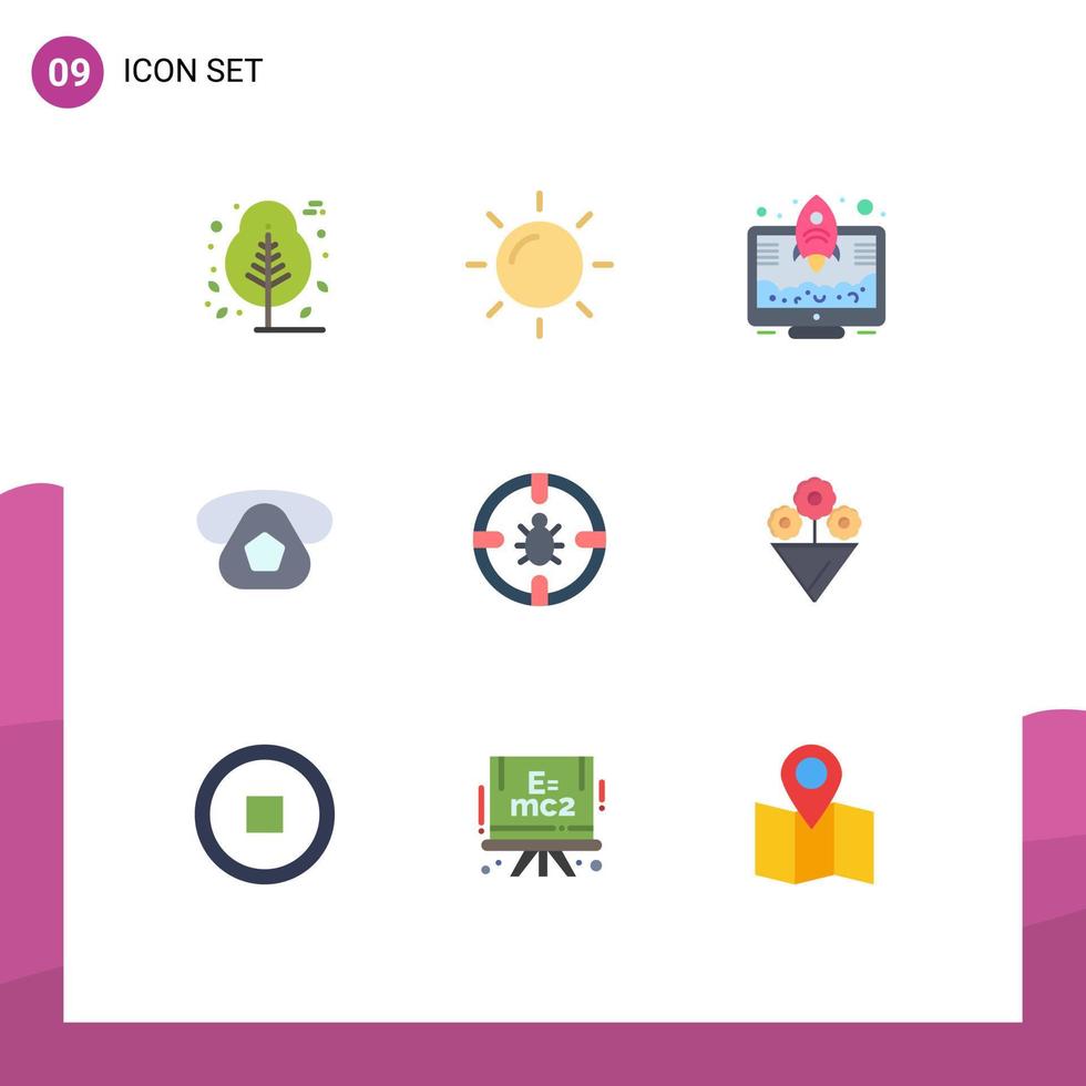 Group of 9 Flat Colors Signs and Symbols for network bug launch phone call Editable Vector Design Elements