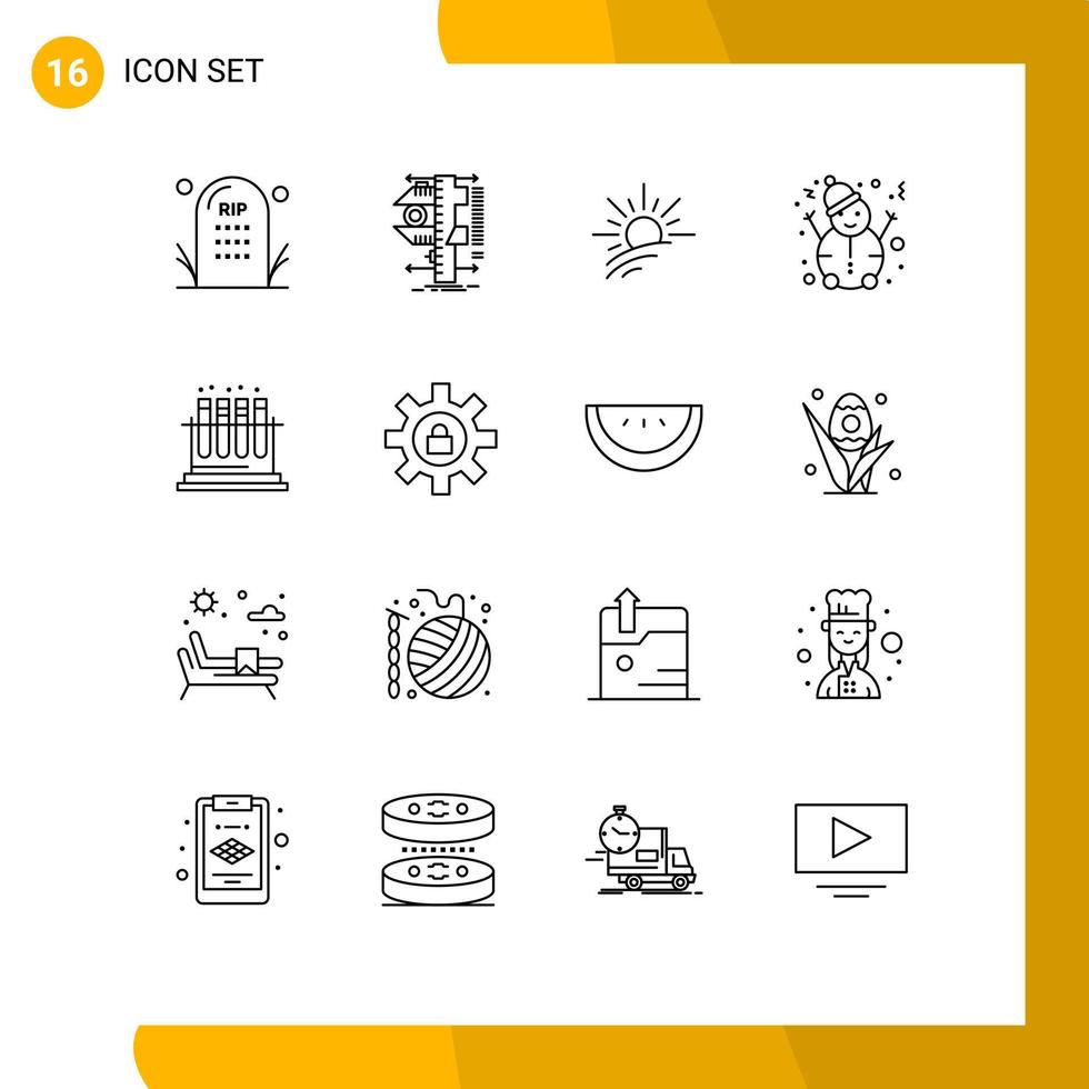 Pack of 16 Modern Outlines Signs and Symbols for Web Print Media such as lab snow physics man sun Editable Vector Design Elements