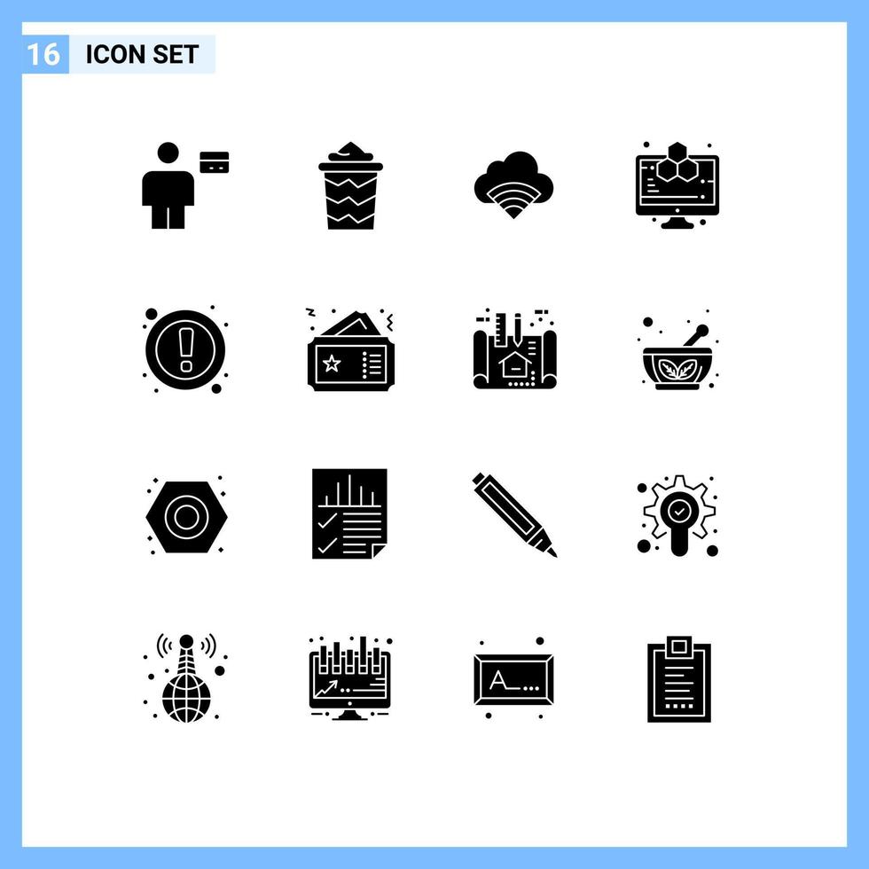 16 Universal Solid Glyph Signs Symbols of attention computer science vacation computer signal Editable Vector Design Elements