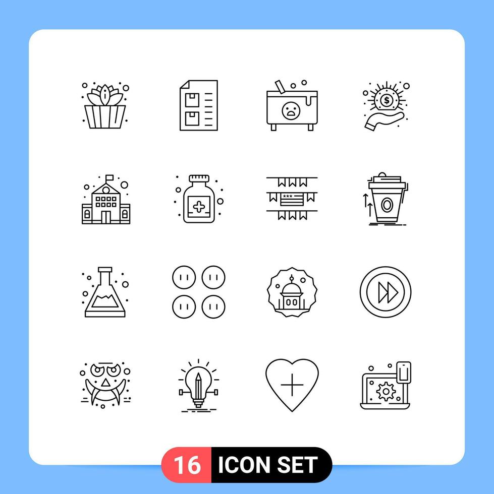 Modern Set of 16 Outlines Pictograph of building hand cauldron cash poison Editable Vector Design Elements