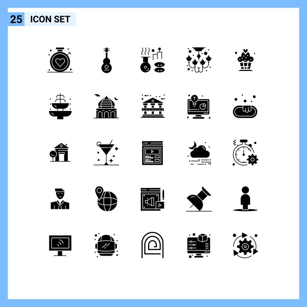 Universal Icon Symbols Group of 25 Modern Solid Glyphs of cake lamp violin chandelier treatment Editable Vector Design Elements