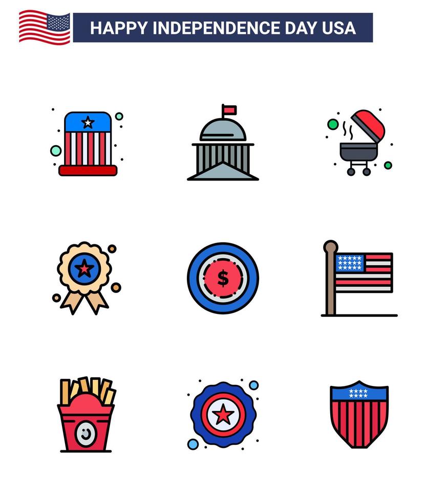Set of 9 Vector Flat Filled Lines on 4th July USA Independence Day such as dollar medal irish independence day holiday Editable USA Day Vector Design Elements