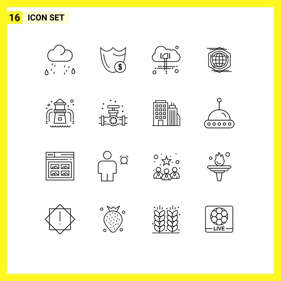 Group of 16 Outlines Signs and Symbols for water slide space security polygon power Editable Vector Design Elements