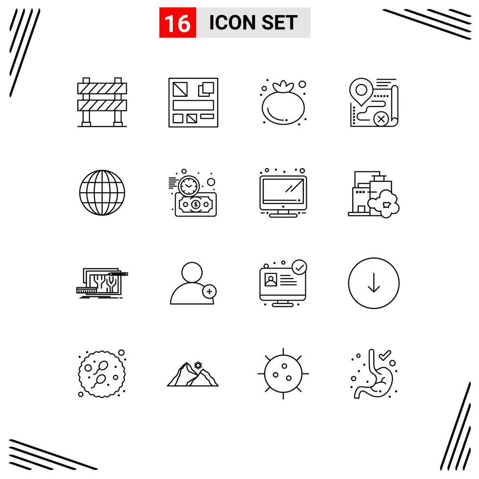 Set of 16 Vector Outlines on Grid for internet cancel food close route Editable Vector Design Elements
