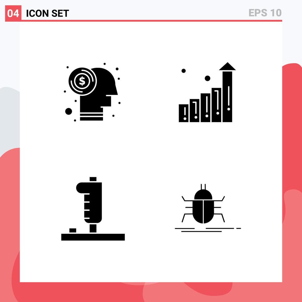 Universal Icon Symbols Group of 4 Modern Solid Glyphs of brain game investment statistics bug Editable Vector Design Elements