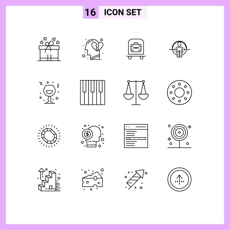 Set of 16 Modern UI Icons Symbols Signs for glass identity luggage id user Editable Vector Design Elements